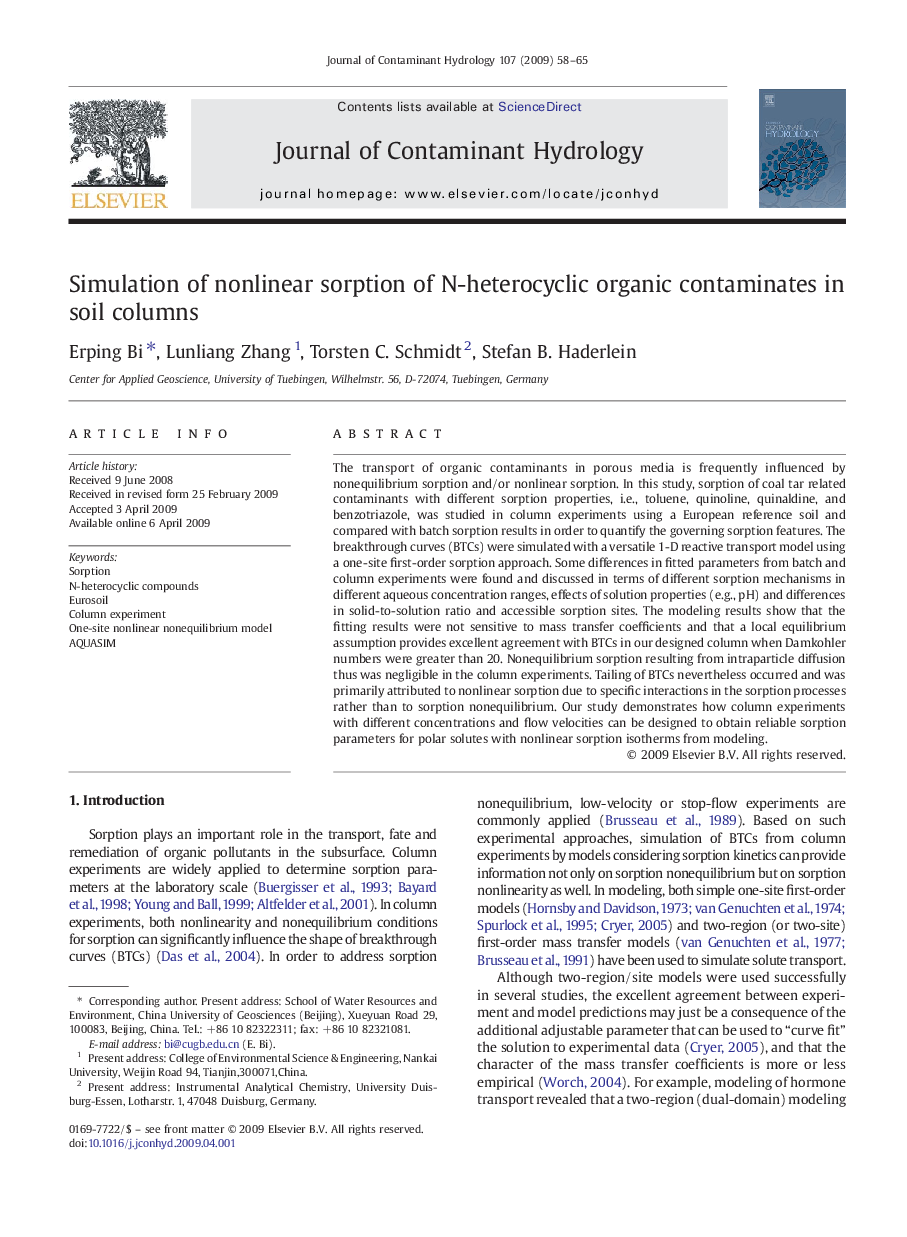 Simulation of nonlinear sorption of N-heterocyclic organic contaminates in soil columns