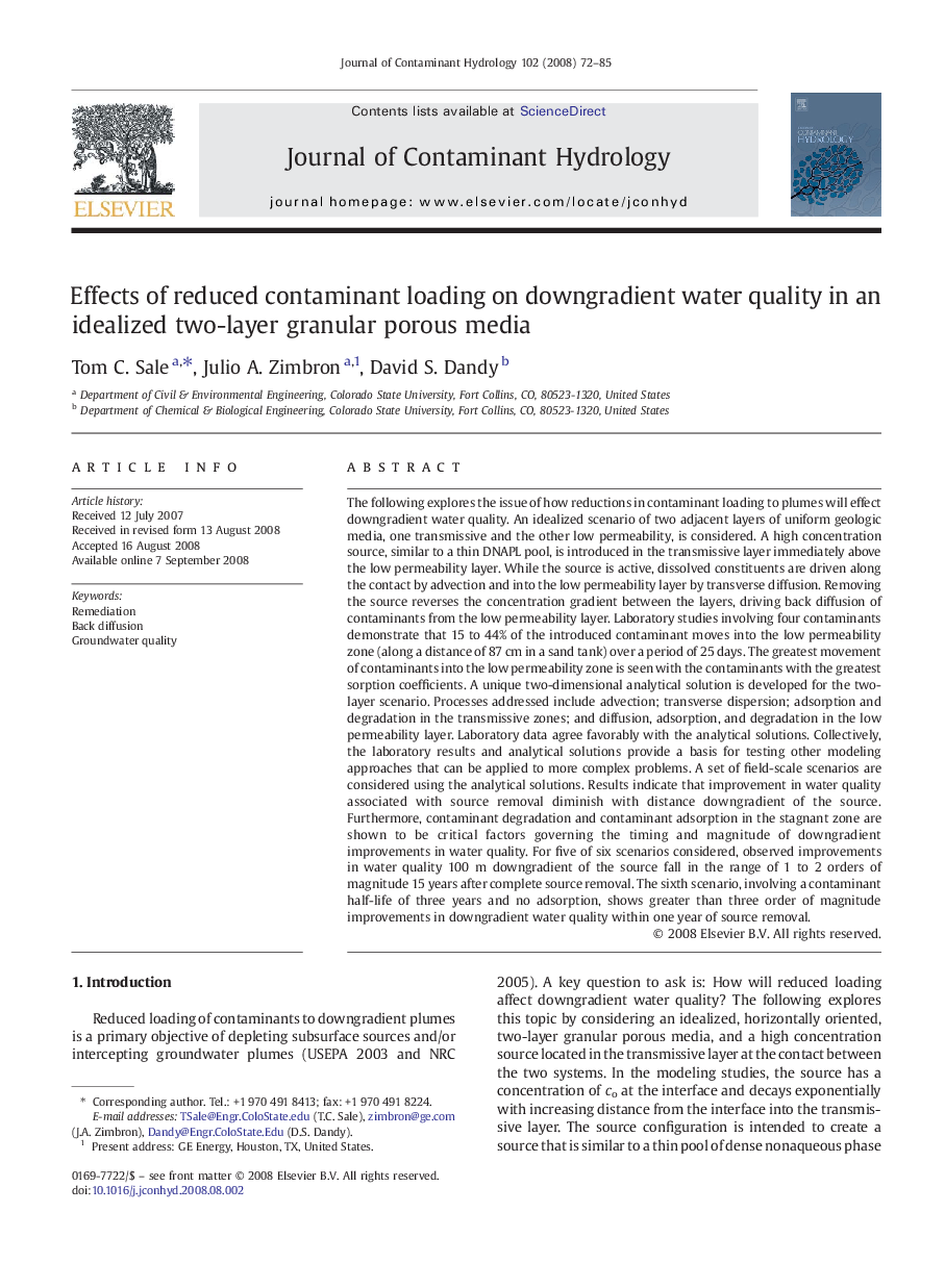 Effects of reduced contaminant loading on downgradient water quality in an idealized two-layer granular porous media