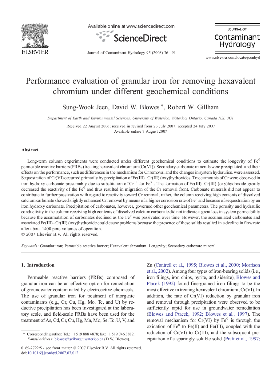 Performance evaluation of granular iron for removing hexavalent chromium under different geochemical conditions