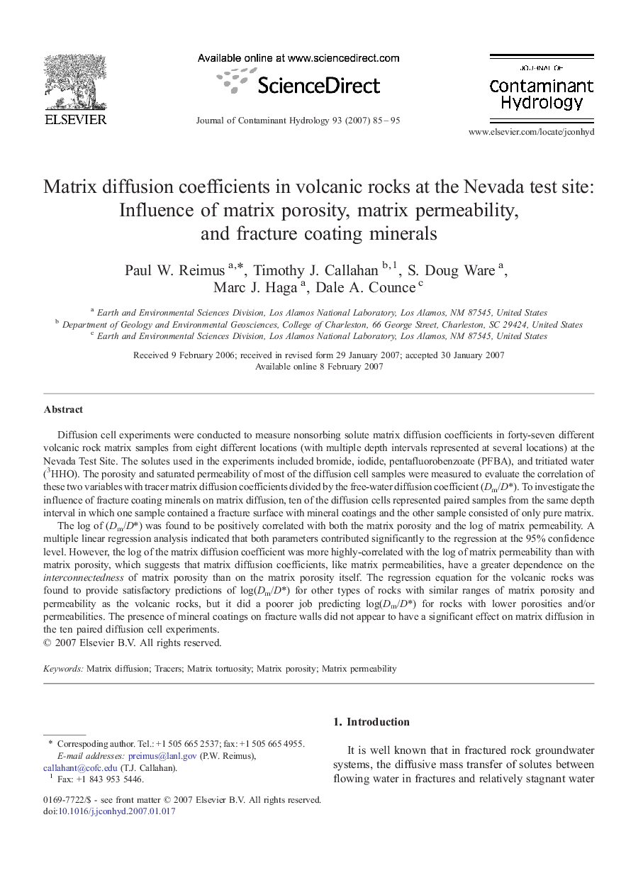 Matrix diffusion coefficients in volcanic rocks at the Nevada test site: Influence of matrix porosity, matrix permeability, and fracture coating minerals