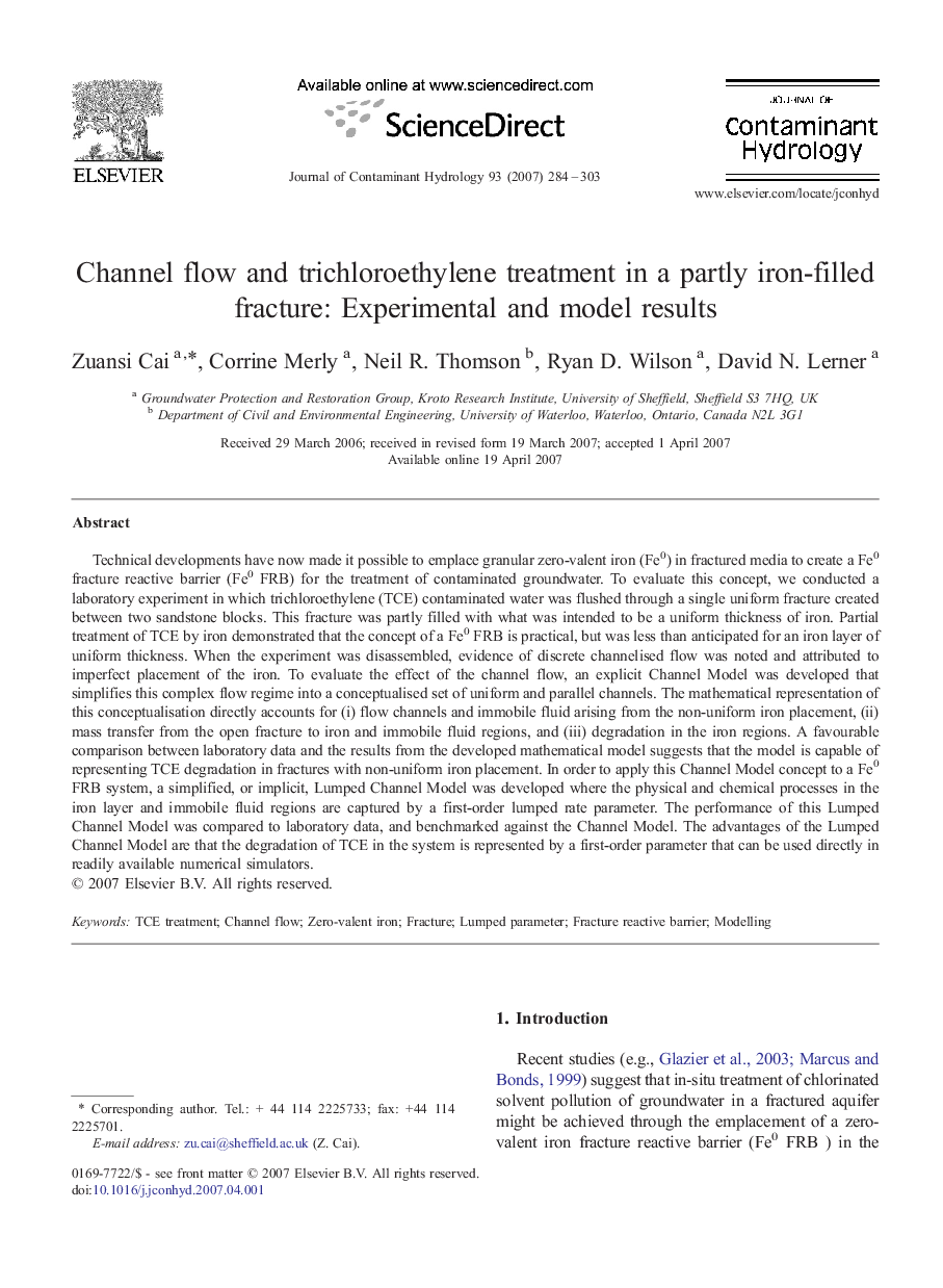 Channel flow and trichloroethylene treatment in a partly iron-filled fracture: Experimental and model results