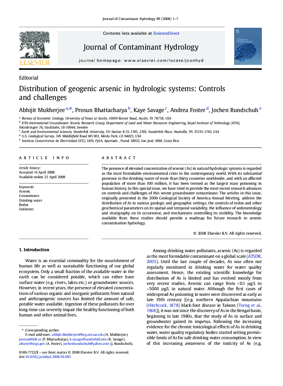 Distribution of geogenic arsenic in hydrologic systems: Controls and challenges