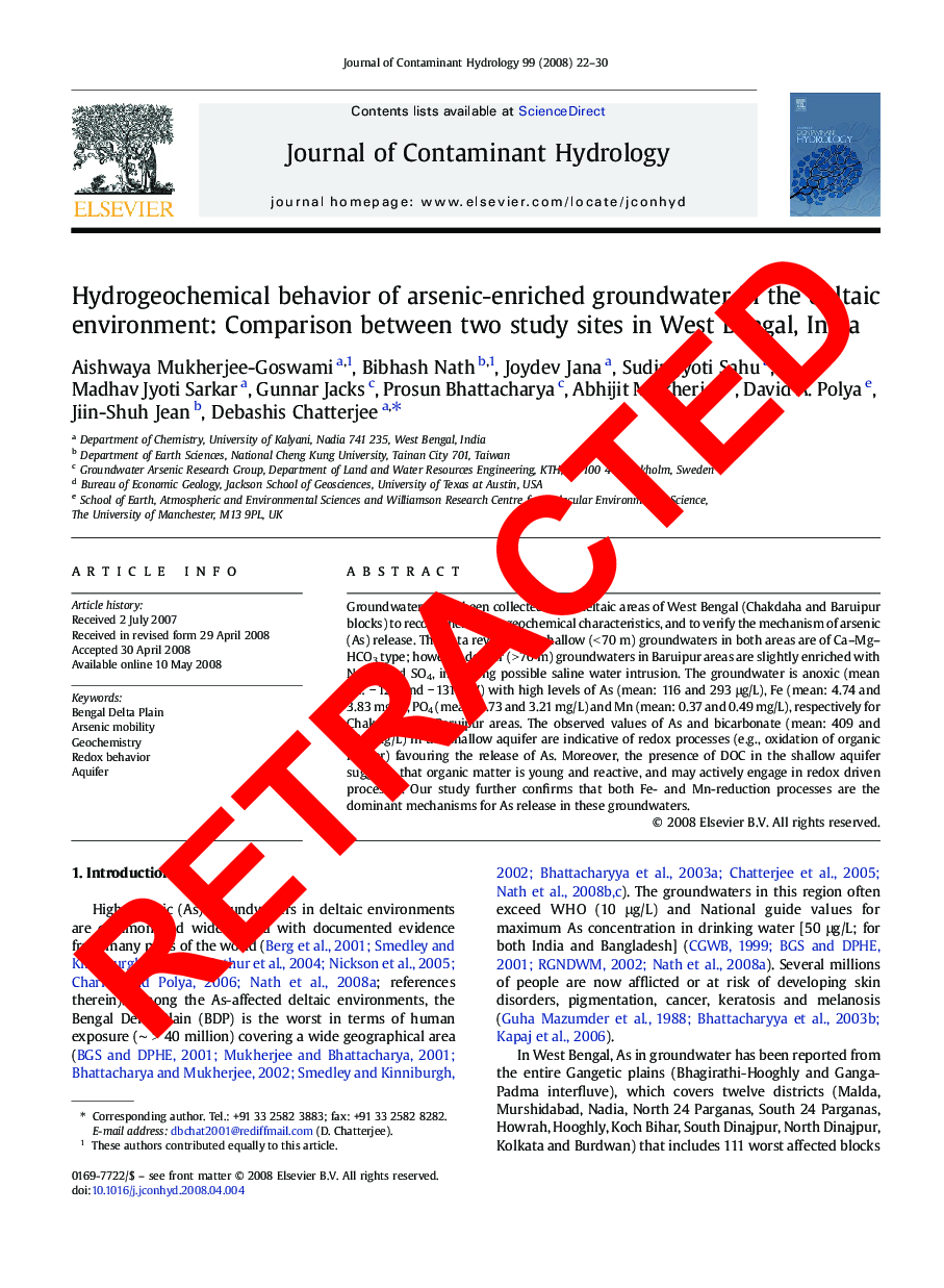 عکس صفحه اول مقاله: RETRACTED: Hydrogeochemical behavior of arsenic-enriched groundwater in the deltaic environment: Comparison between two study sites in West Bengal, India RETRACTED: Hydrogeochemical behavior of arsenic-enriched groundwater in the deltaic environment: Comparison between two study sites in West Bengal, India