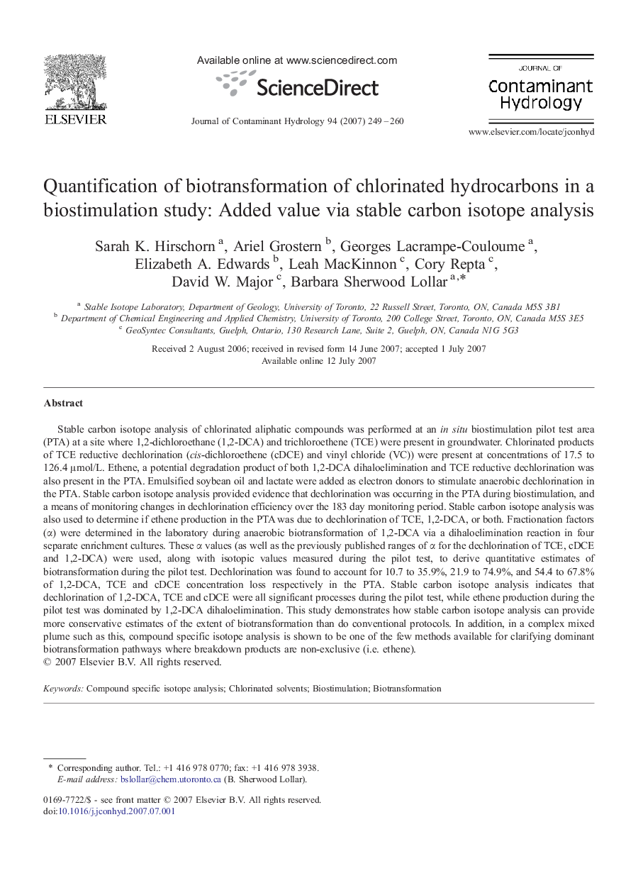 Quantification of biotransformation of chlorinated hydrocarbons in a biostimulation study: Added value via stable carbon isotope analysis