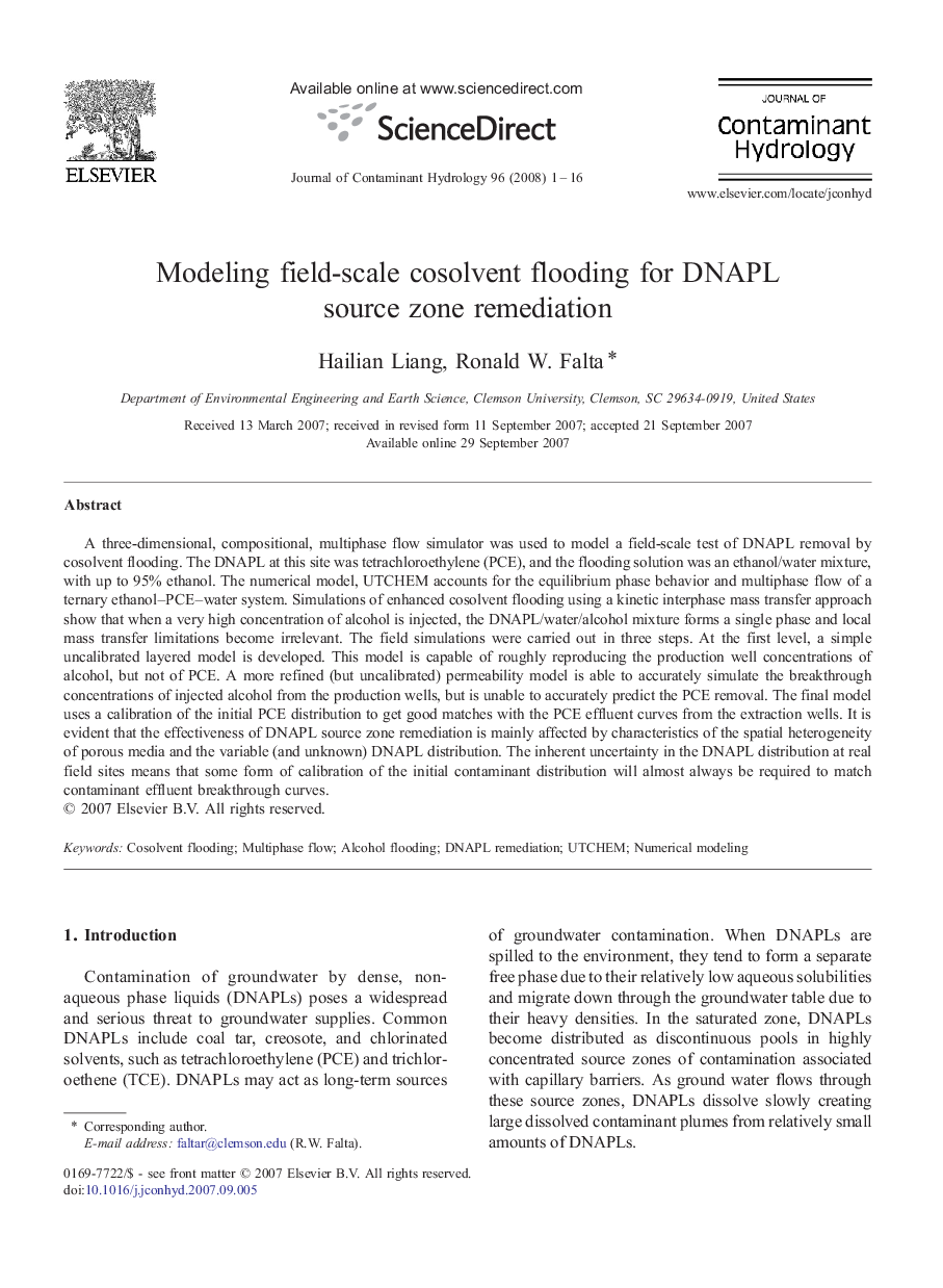 Modeling field-scale cosolvent flooding for DNAPL source zone remediation