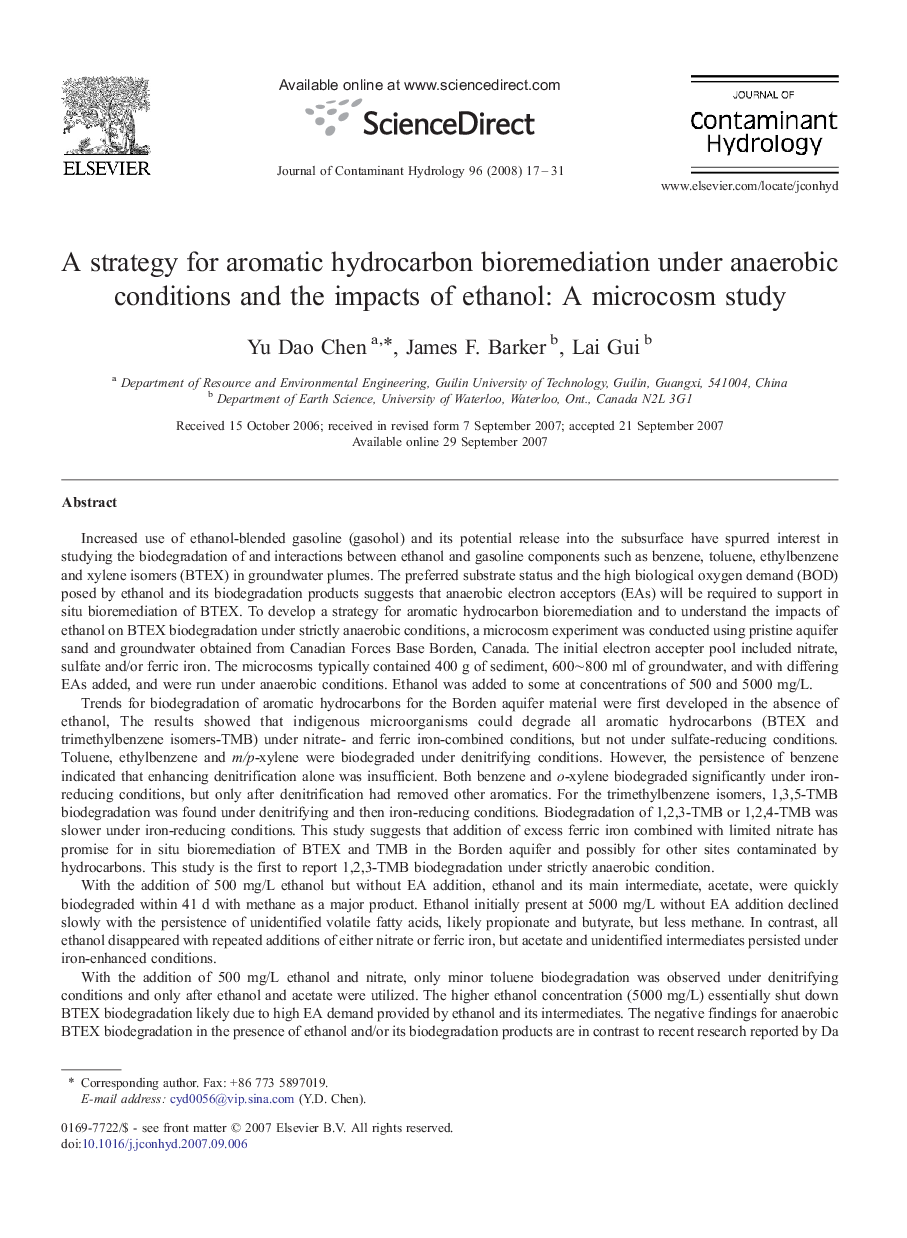 A strategy for aromatic hydrocarbon bioremediation under anaerobic conditions and the impacts of ethanol: A microcosm study