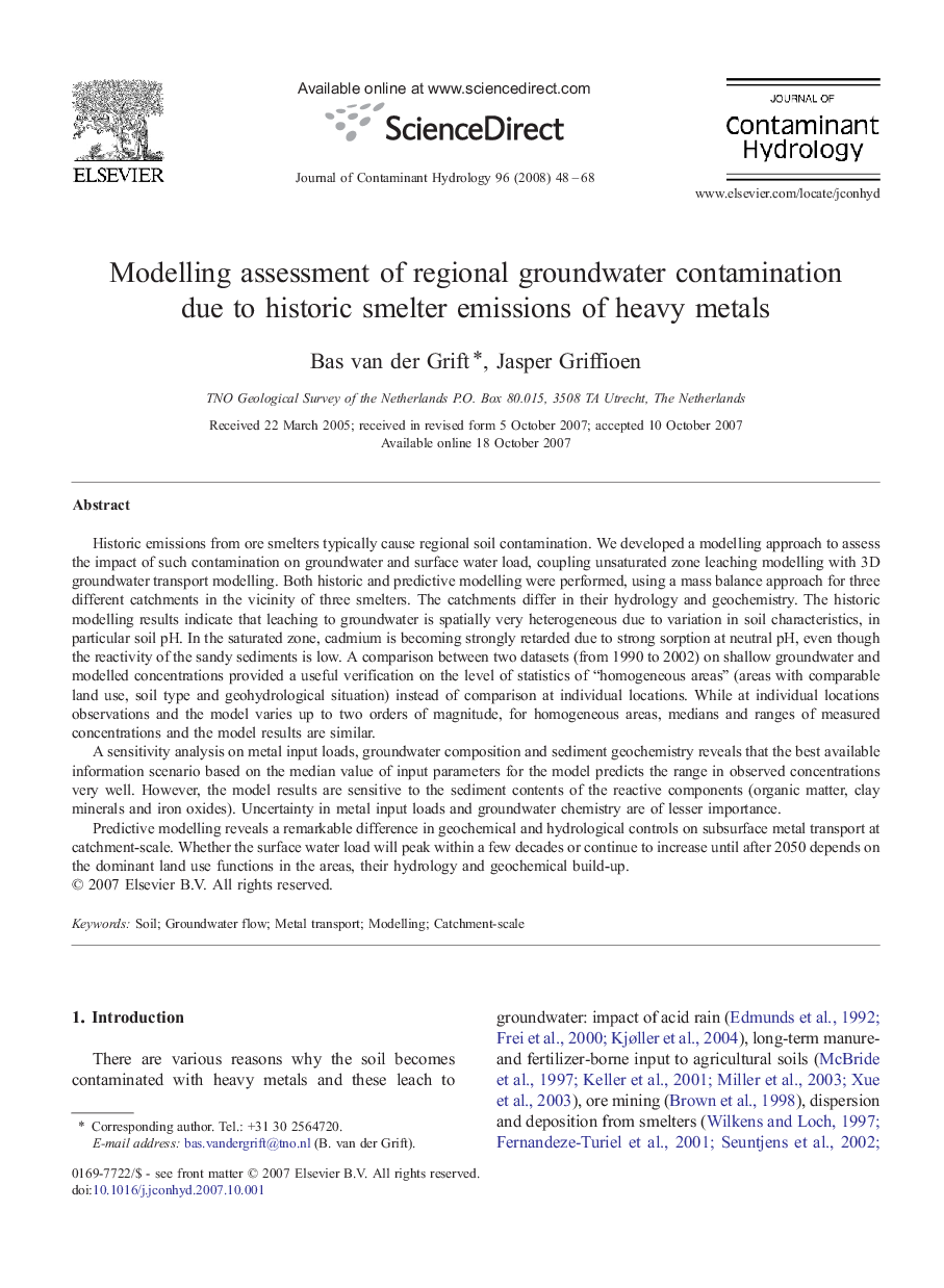 Modelling assessment of regional groundwater contamination due to historic smelter emissions of heavy metals