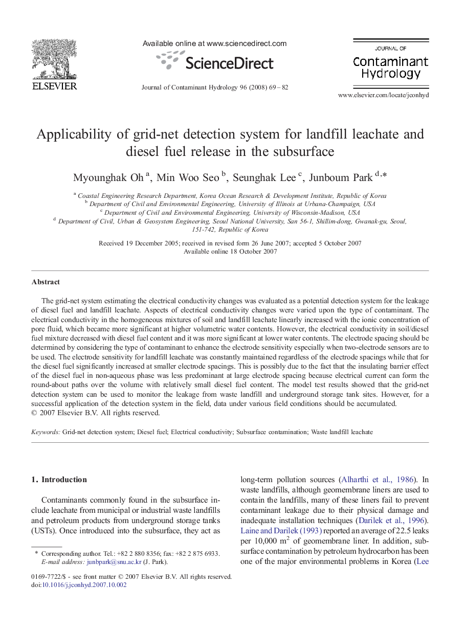 Applicability of grid-net detection system for landfill leachate and diesel fuel release in the subsurface