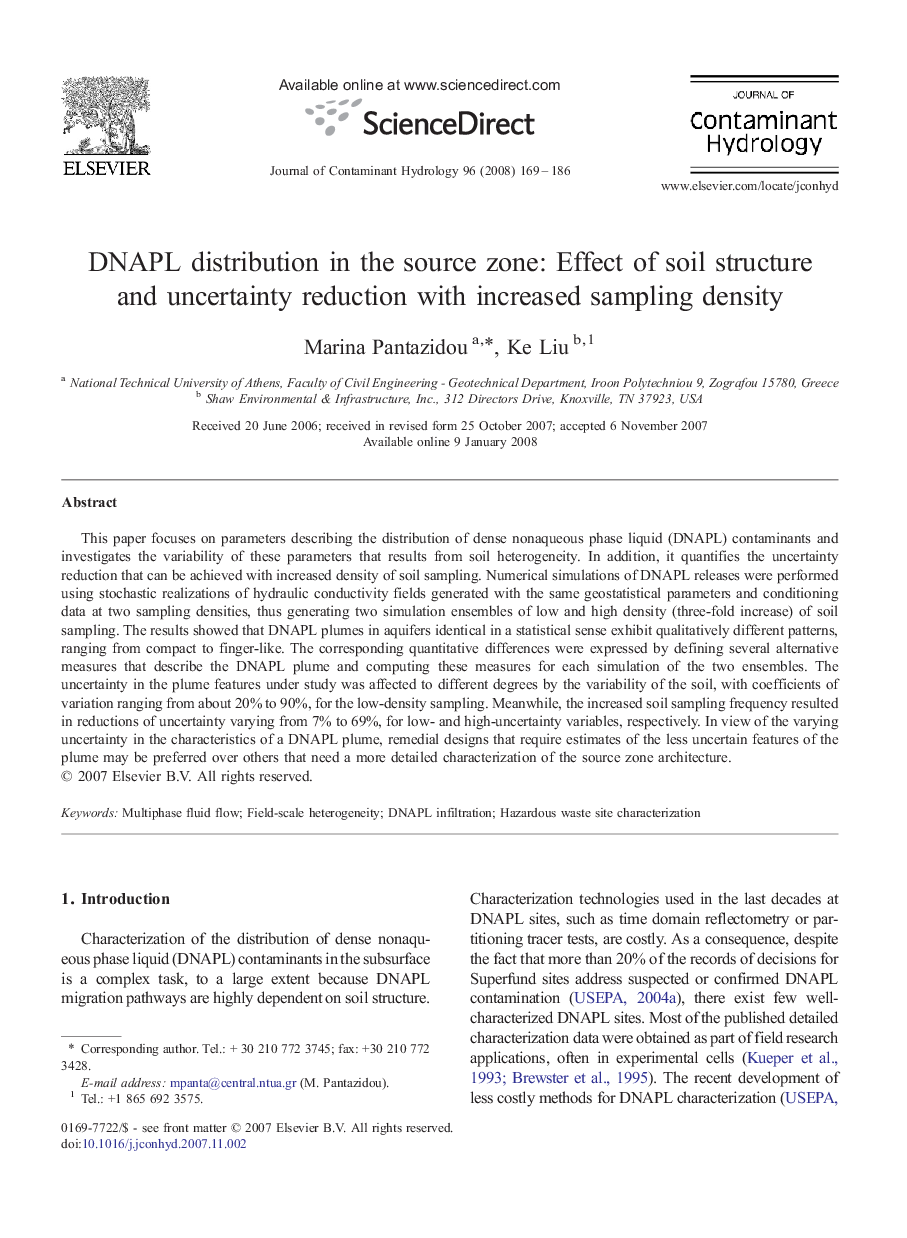 DNAPL distribution in the source zone: Effect of soil structure and uncertainty reduction with increased sampling density