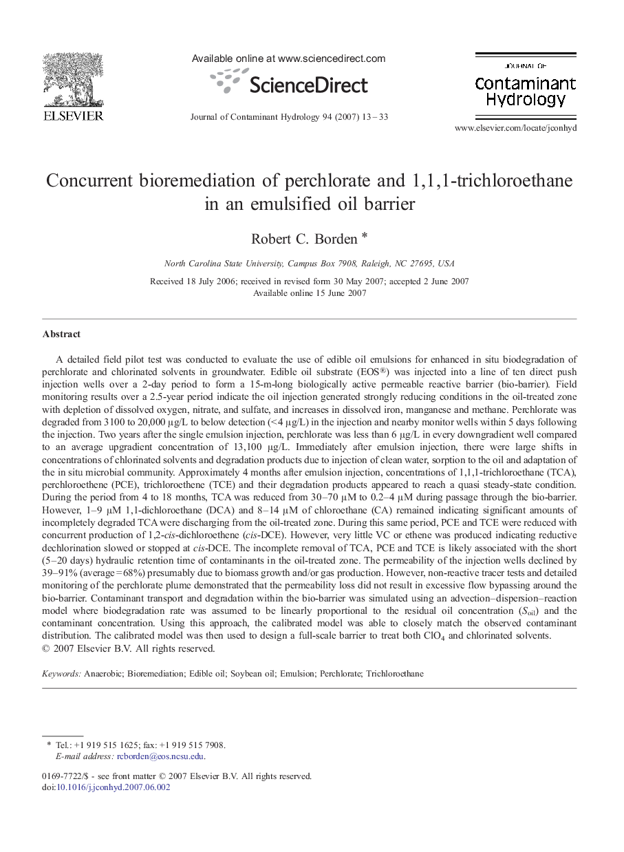 عکس صفحه اول مقاله: Concurrent bioremediation of perchlorate and 1,1,1-trichloroethane in an emulsified oil barrier Concurrent bioremediation of perchlorate and 1,1,1-trichloroethane in an emulsified oil barrier