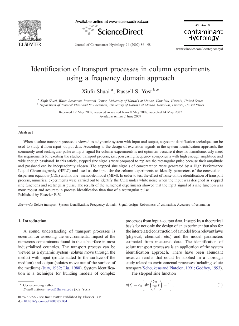 Identification of transport processes in column experiments using a frequency domain approach