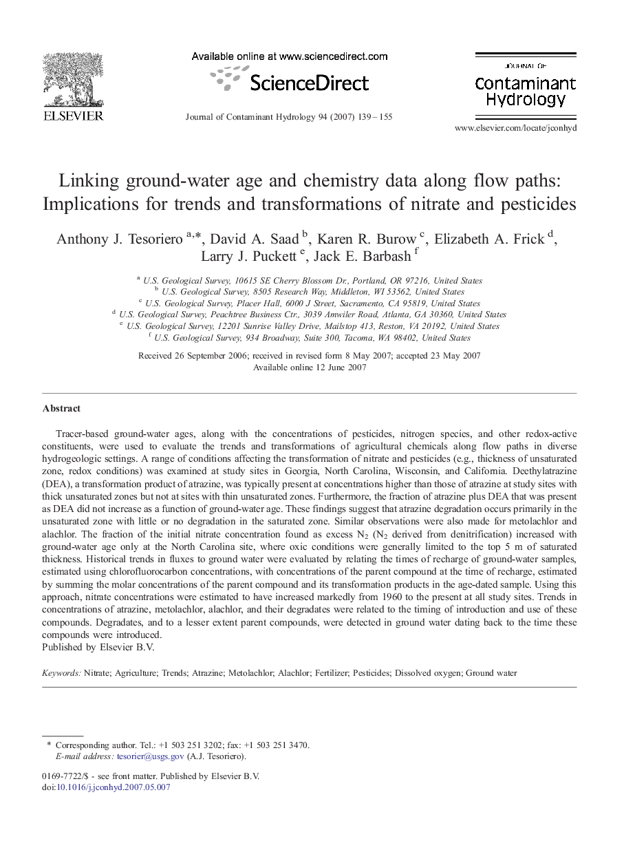 Linking ground-water age and chemistry data along flow paths: Implications for trends and transformations of nitrate and pesticides