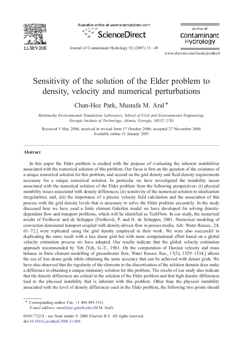 Sensitivity of the solution of the Elder problem to density, velocity and numerical perturbations