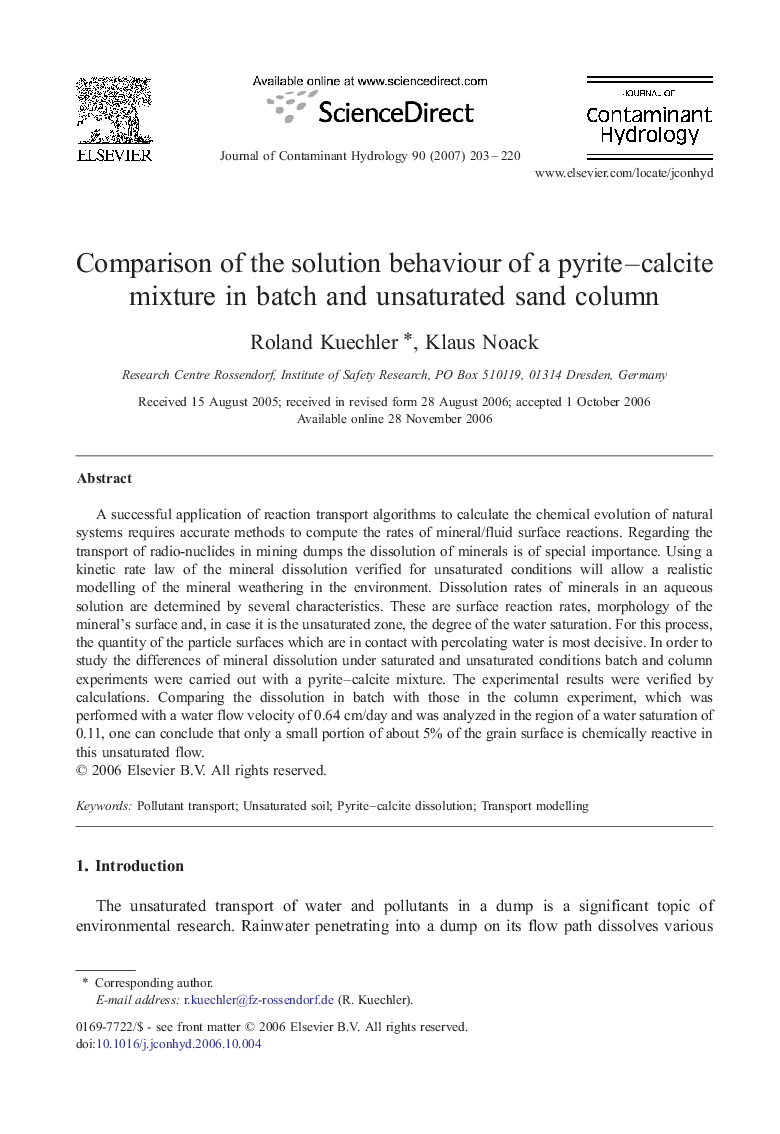 Comparison of the solution behaviour of a pyrite-calcite mixture in batch and unsaturated sand column