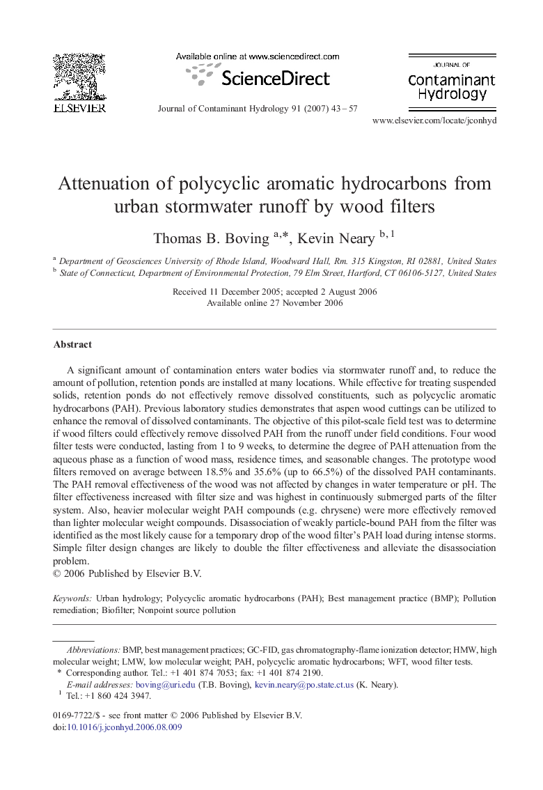 Attenuation of polycyclic aromatic hydrocarbons from urban stormwater runoff by wood filters