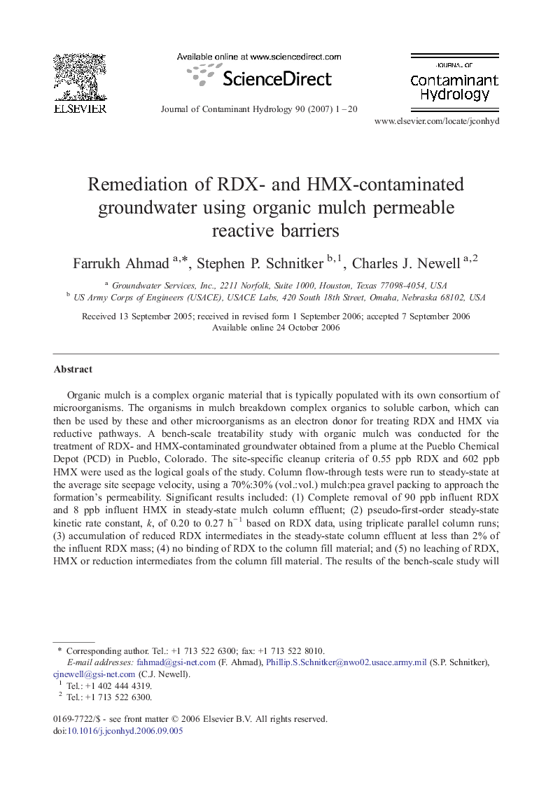 Remediation of RDX- and HMX-contaminated groundwater using organic mulch permeable reactive barriers