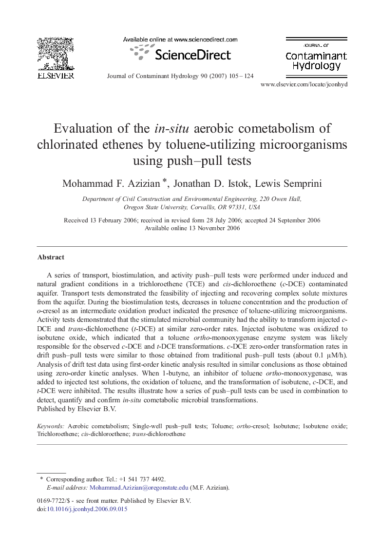 عکس صفحه اول مقاله: Evaluation of the in-situ aerobic cometabolism of chlorinated ethenes by toluene-utilizing microorganisms using push–pull tests Evaluation of the in-situ aerobic cometabolism of chlorinated ethenes by toluene-utilizing microorganisms using push–pull tests