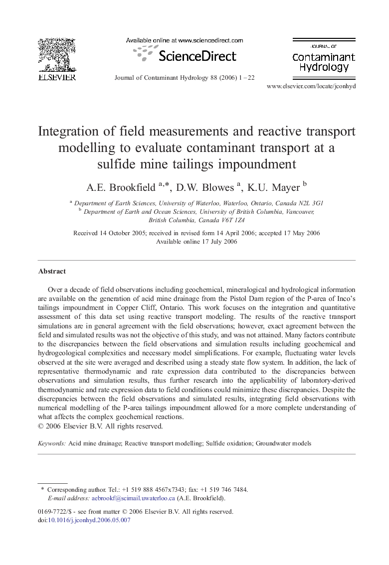 Integration of field measurements and reactive transport modelling to evaluate contaminant transport at a sulfide mine tailings impoundment