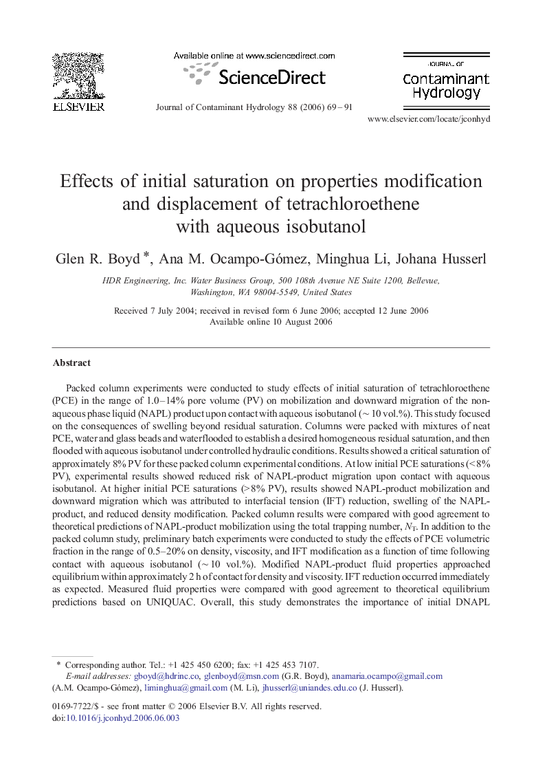 Effects of initial saturation on properties modification and displacement of tetrachloroethene with aqueous isobutanol