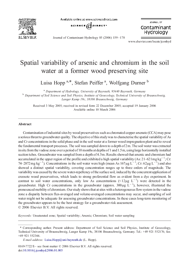 Spatial variability of arsenic and chromium in the soil water at a former wood preserving site