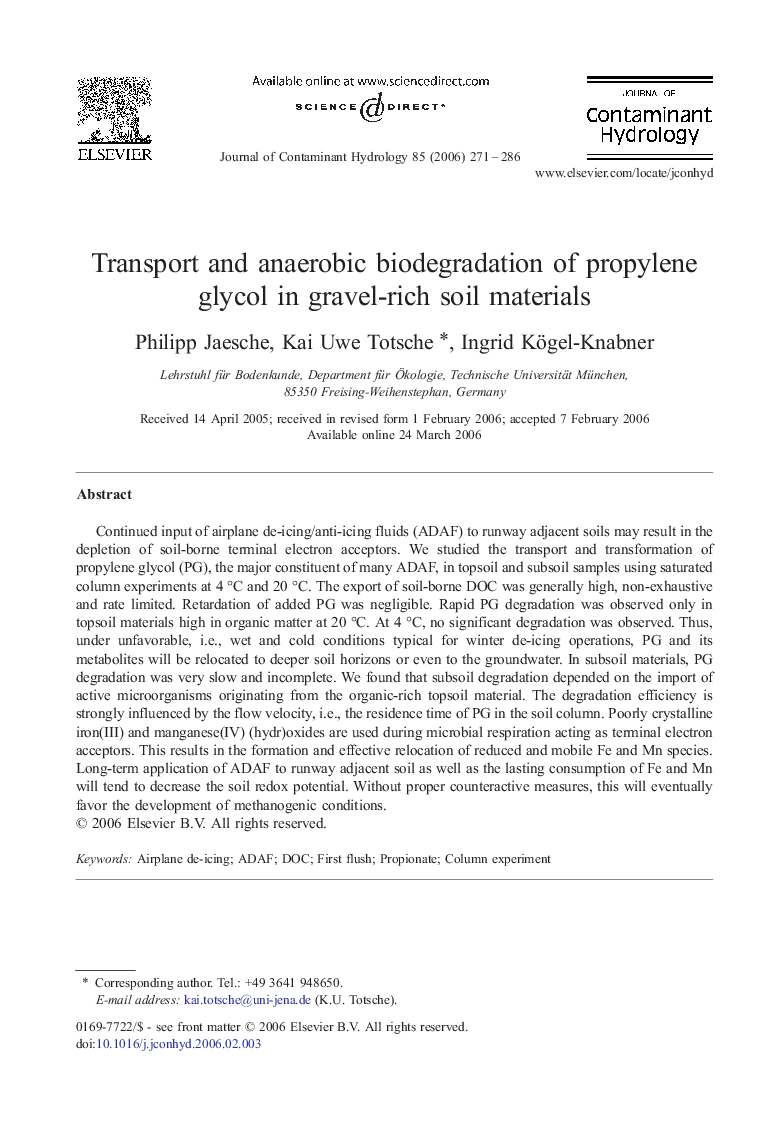 Transport and anaerobic biodegradation of propylene glycol in gravel-rich soil materials