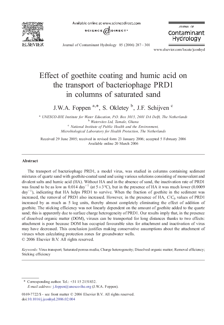 Effect of goethite coating and humic acid on the transport of bacteriophage PRD1 in columns of saturated sand