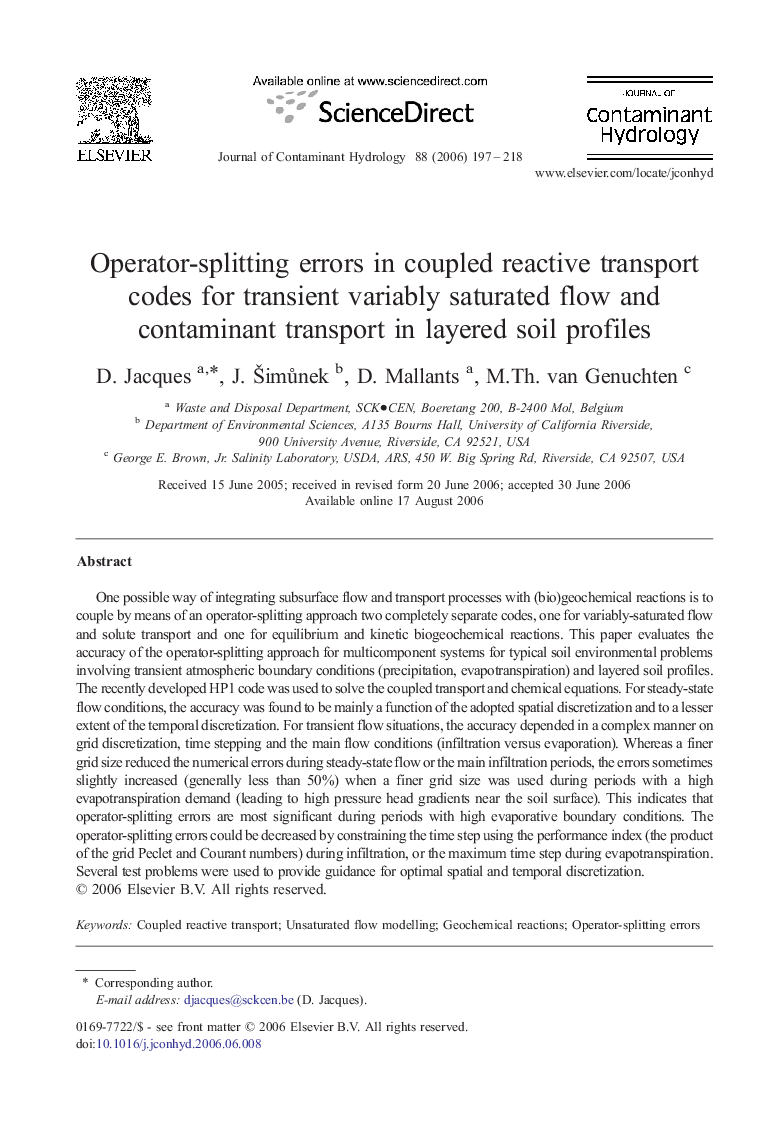 عکس صفحه اول مقاله: Operator-splitting errors in coupled reactive transport codes for transient variably saturated flow and contaminant transport in layered soil profiles Operator-splitting errors in coupled reactive transport codes for transient variably saturated flow and contaminant transport in layered soil profiles