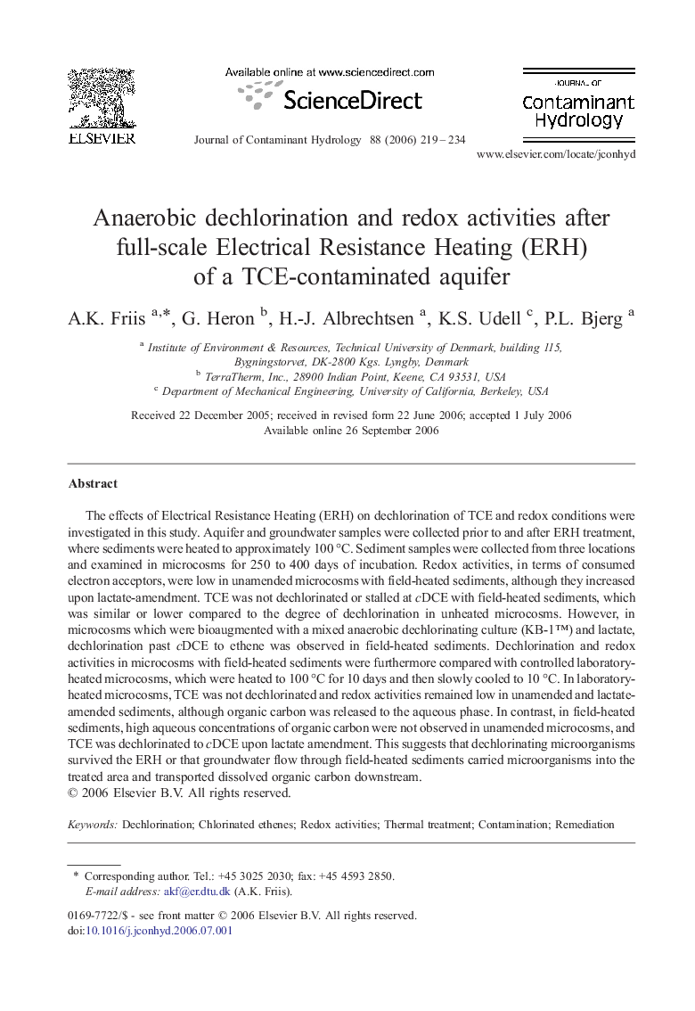 Anaerobic dechlorination and redox activities after full-scale Electrical Resistance Heating (ERH) of a TCE-contaminated aquifer