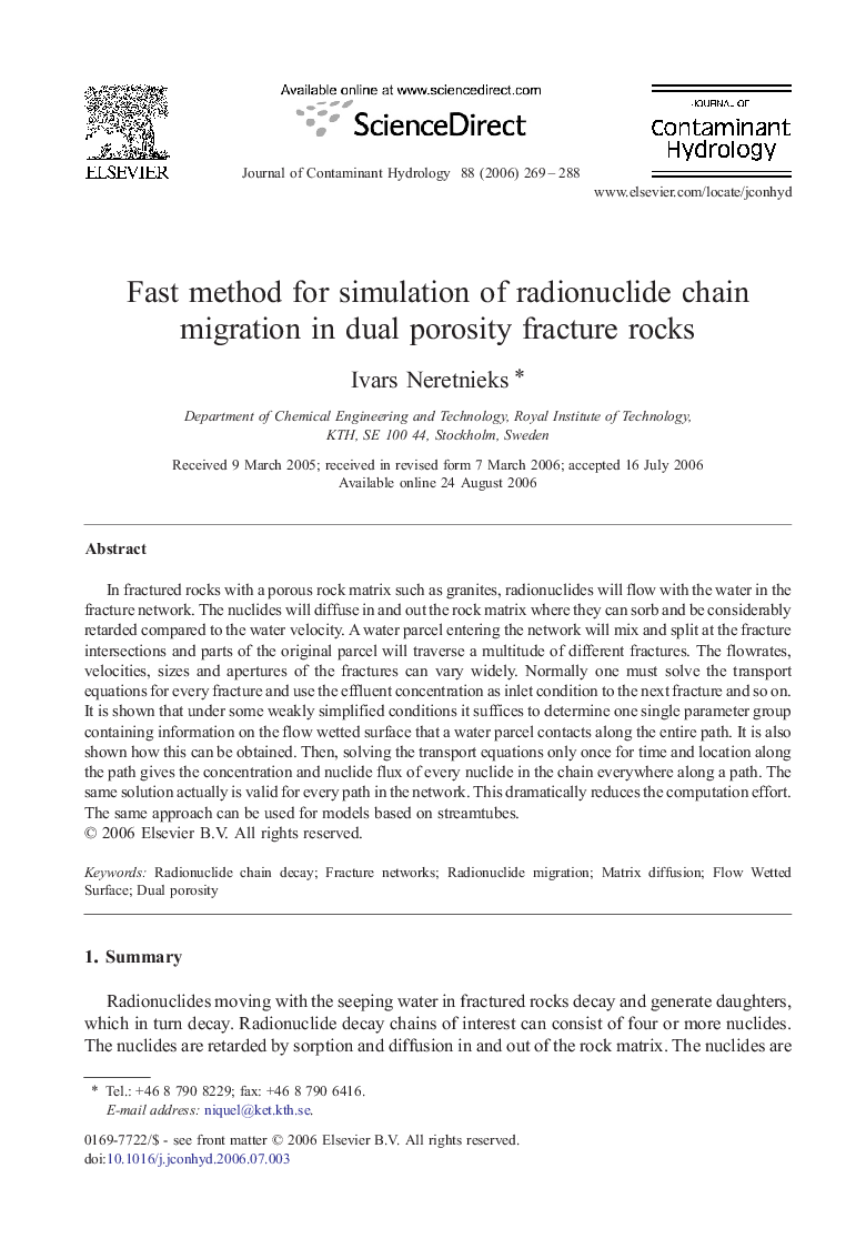 Fast method for simulation of radionuclide chain migration in dual porosity fracture rocks