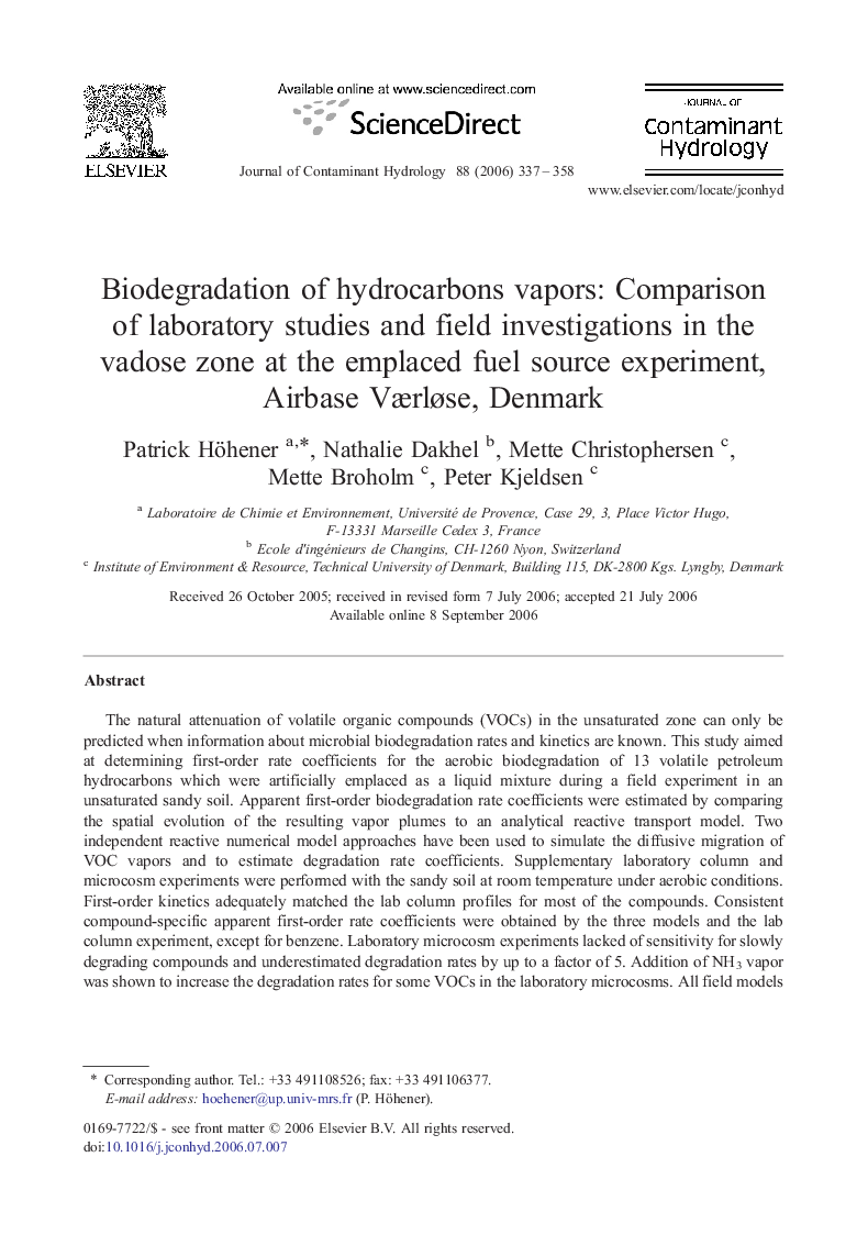 Biodegradation of hydrocarbons vapors: Comparison of laboratory studies and field investigations in the vadose zone at the emplaced fuel source experiment, Airbase Værløse, Denmark