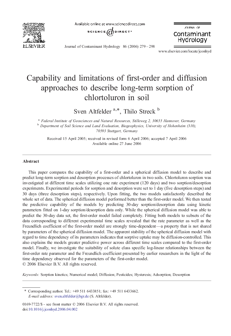 عکس صفحه اول مقاله: Capability and limitations of first-order and diffusion approaches to describe long-term sorption of chlortoluron in soil Capability and limitations of first-order and diffusion approaches to describe long-term sorption of chlortoluron in soil