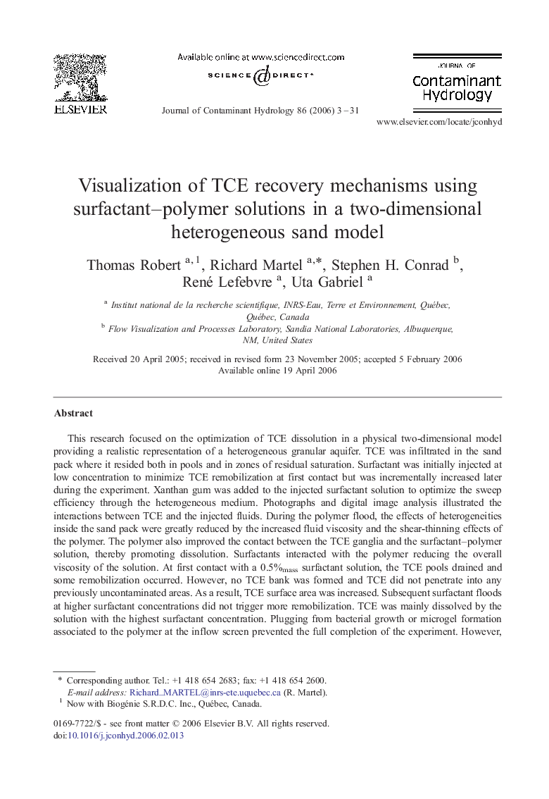 Visualization of TCE recovery mechanisms using surfactant–polymer solutions in a two-dimensional heterogeneous sand model