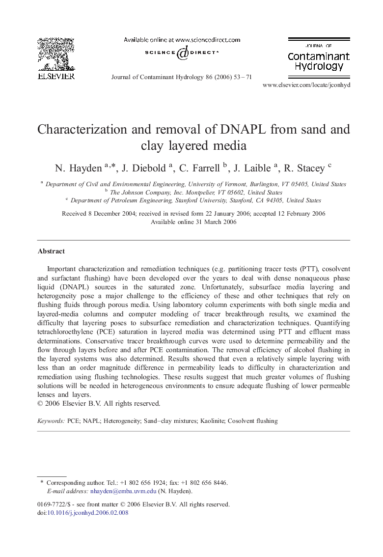 Characterization and removal of DNAPL from sand and clay layered media