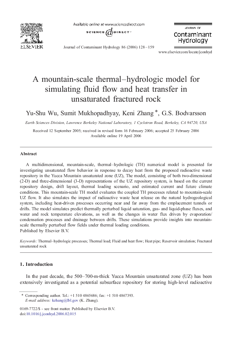 A mountain-scale thermal–hydrologic model for simulating fluid flow and heat transfer in unsaturated fractured rock