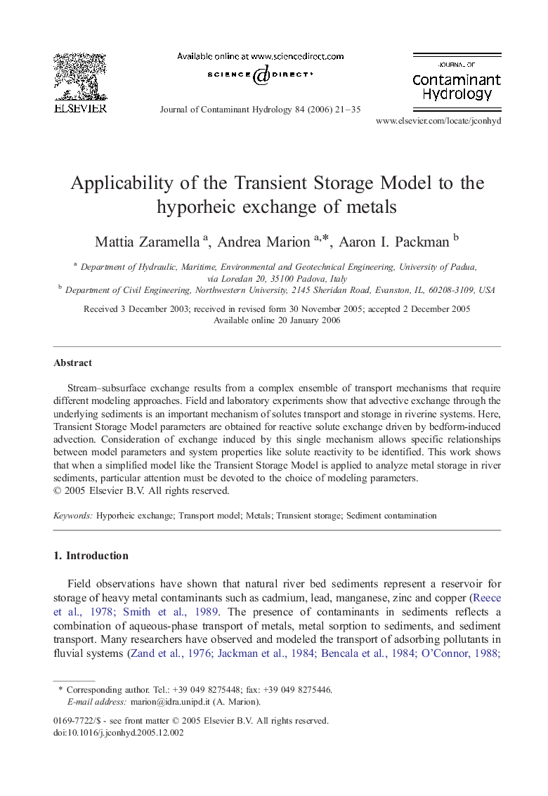 Applicability of the Transient Storage Model to the hyporheic exchange of metals