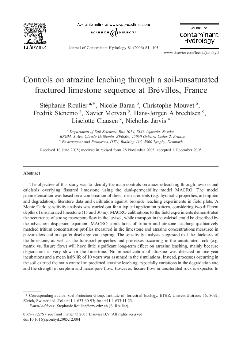 Controls on atrazine leaching through a soil-unsaturated fractured limestone sequence at Brévilles, France