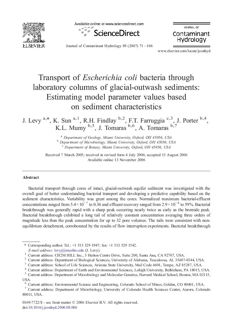 Transport of Escherichia coli bacteria through laboratory columns of glacial-outwash sediments: Estimating model parameter values based on sediment characteristics