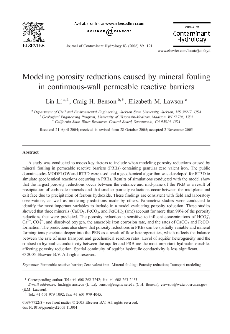 Modeling porosity reductions caused by mineral fouling in continuous-wall permeable reactive barriers