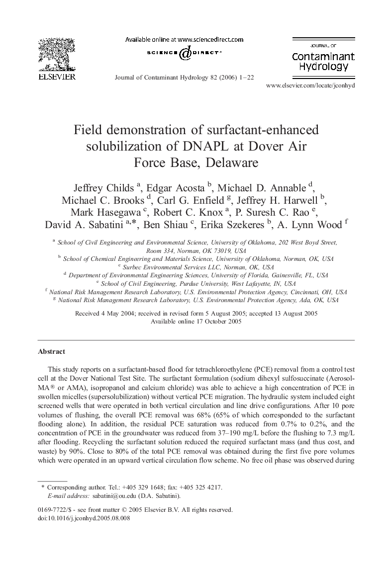 Field demonstration of surfactant-enhanced solubilization of DNAPL at Dover Air Force Base, Delaware