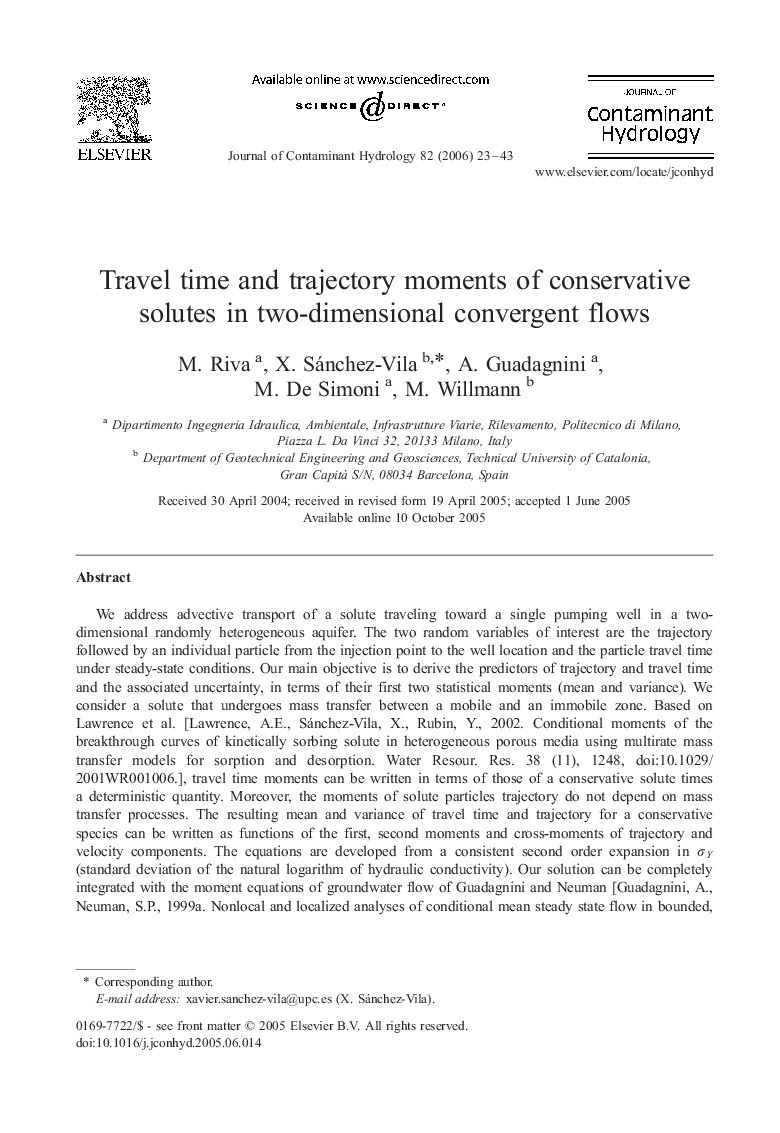 Travel time and trajectory moments of conservative solutes in two-dimensional convergent flows