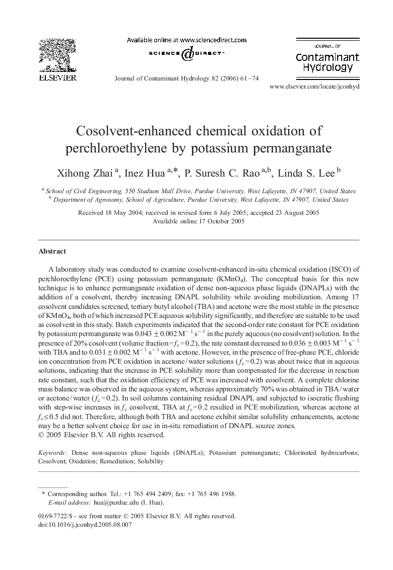 Cosolvent-enhanced chemical oxidation of perchloroethylene by potassium permanganate