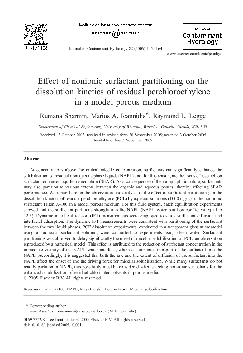 Effect of nonionic surfactant partitioning on the dissolution kinetics of residual perchloroethylene in a model porous medium