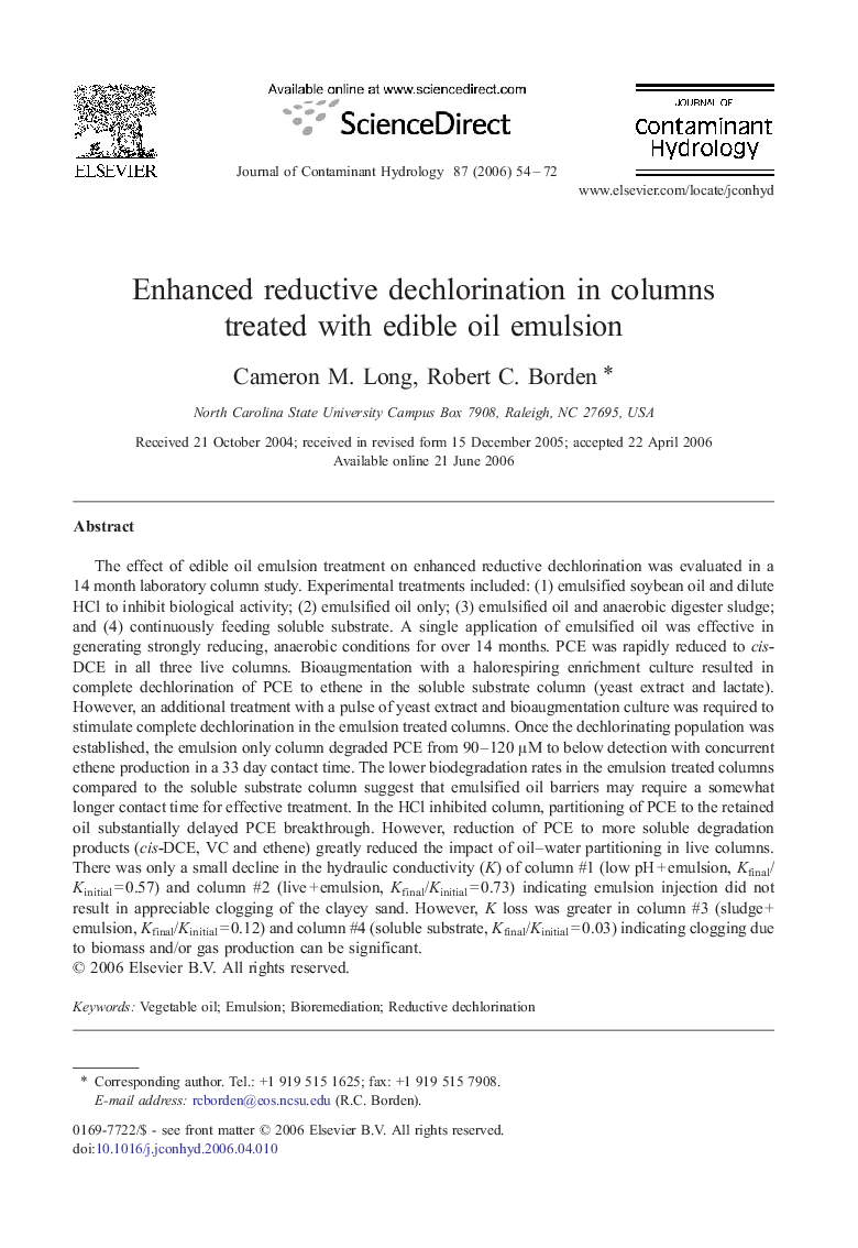 Enhanced reductive dechlorination in columns treated with edible oil emulsion