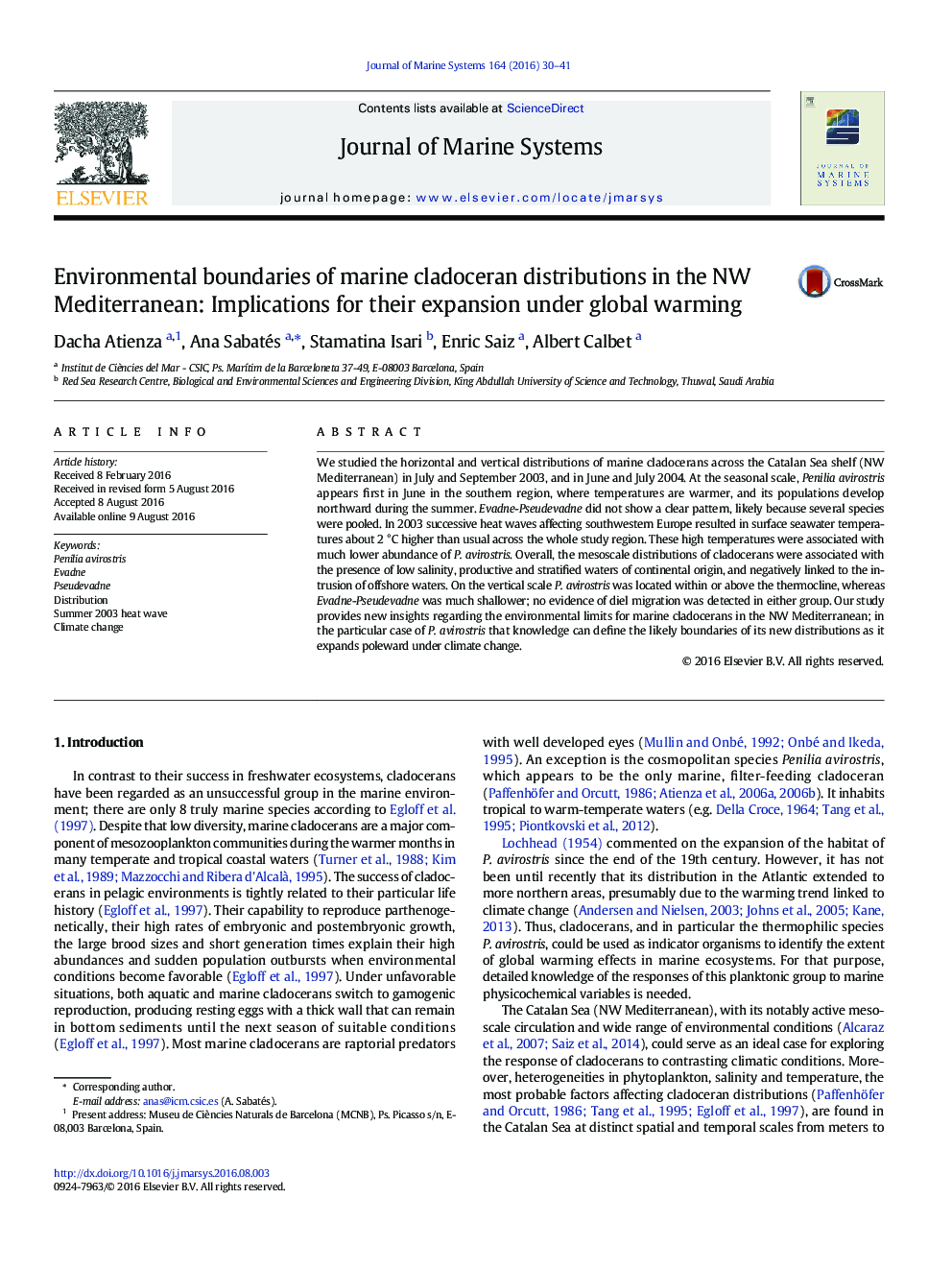 Environmental boundaries of marine cladoceran distributions in the NW Mediterranean: Implications for their expansion under global warming