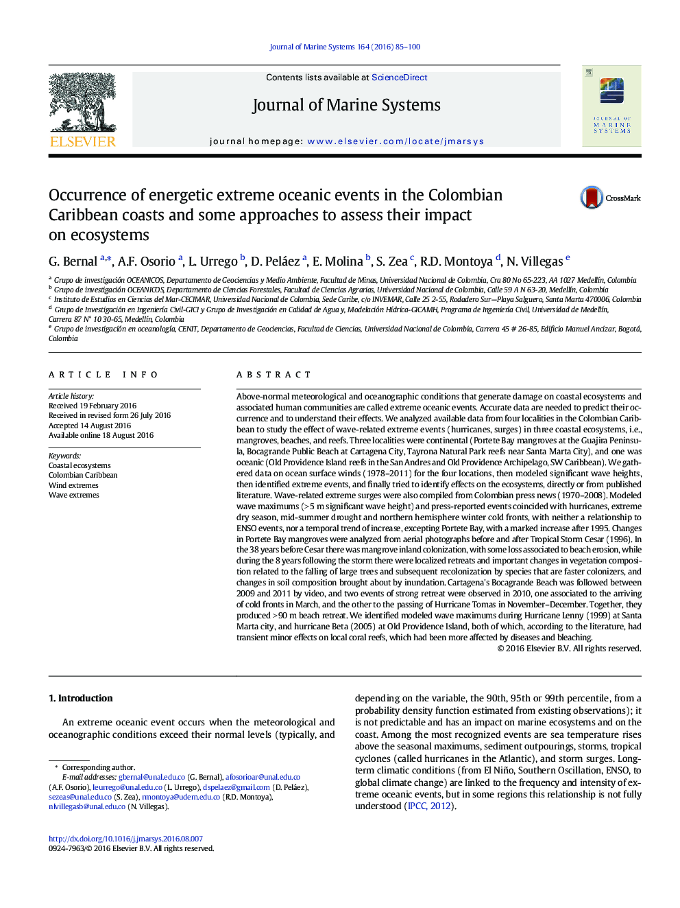 Occurrence of energetic extreme oceanic events in the Colombian Caribbean coasts and some approaches to assess their impact on ecosystems