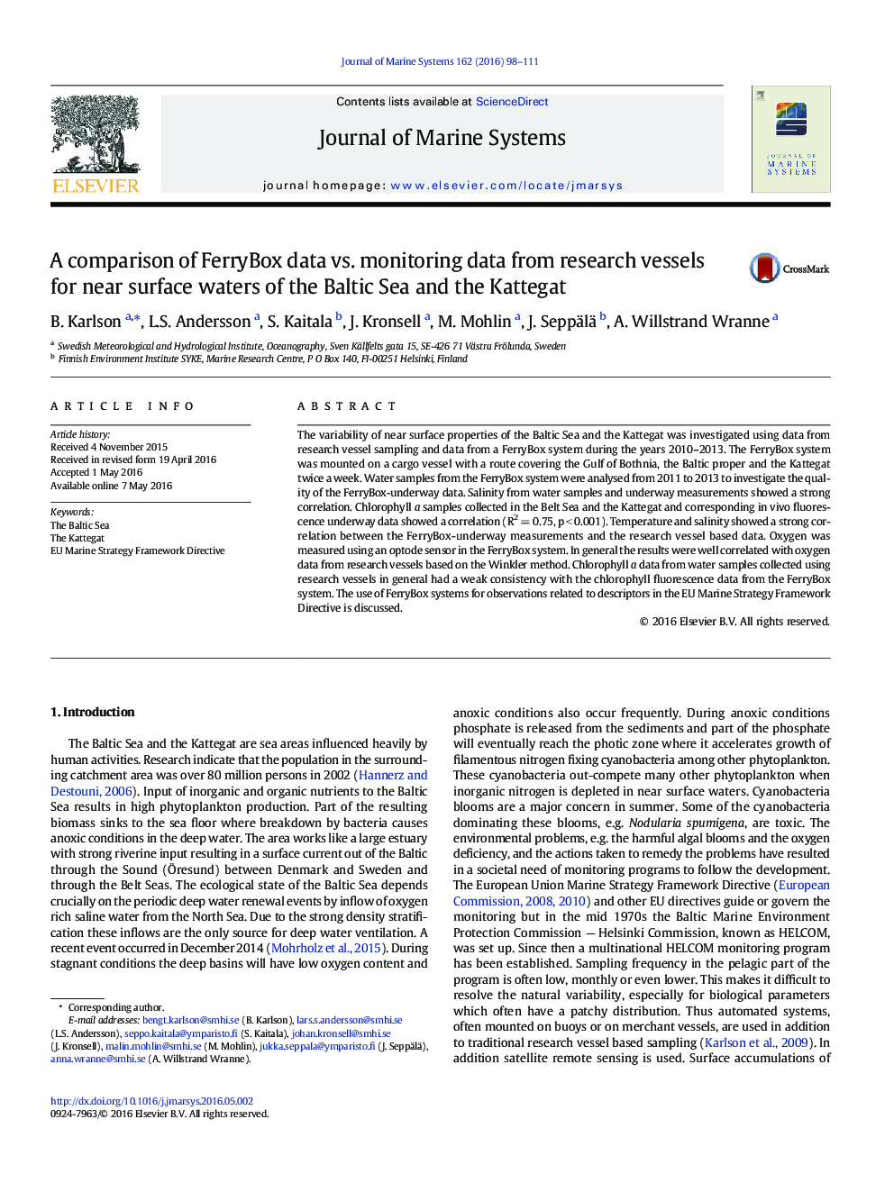 A comparison of FerryBox data vs. monitoring data from research vessels for near surface waters of the Baltic Sea and the Kattegat