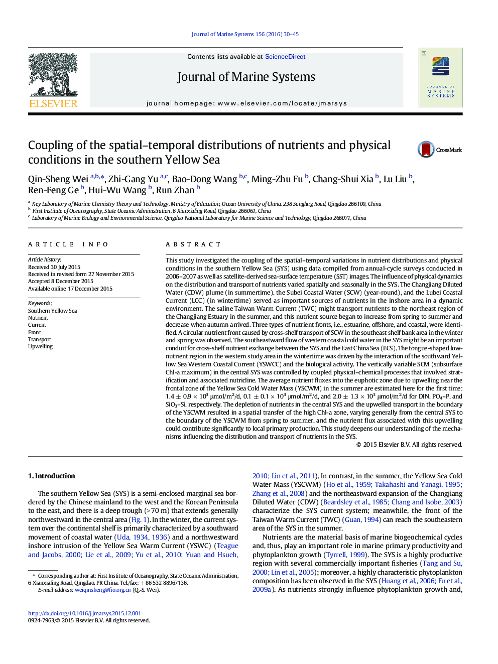 Coupling of the spatial–temporal distributions of nutrients and physical conditions in the southern Yellow Sea