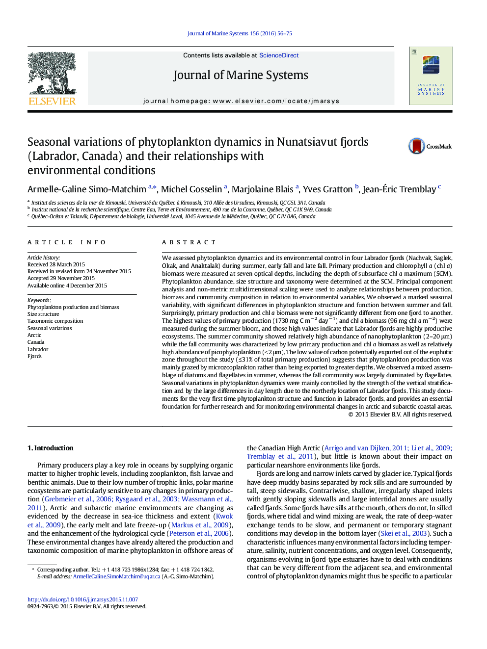 Seasonal variations of phytoplankton dynamics in Nunatsiavut fjords (Labrador, Canada) and their relationships with environmental conditions