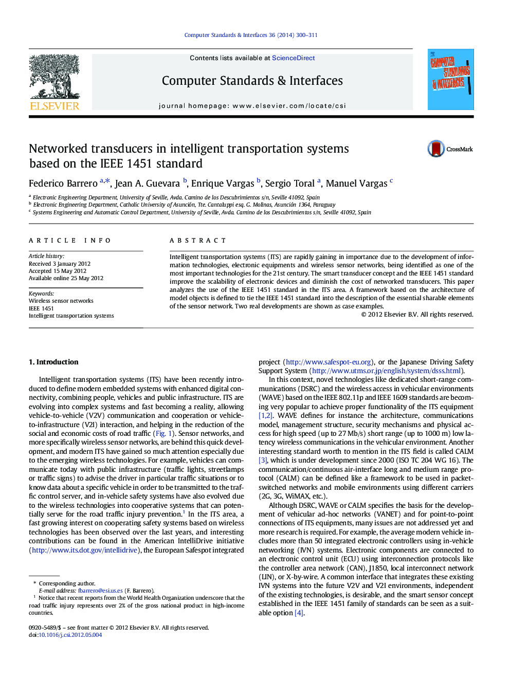 Networked transducers in intelligent transportation systems based on the IEEE 1451 standard