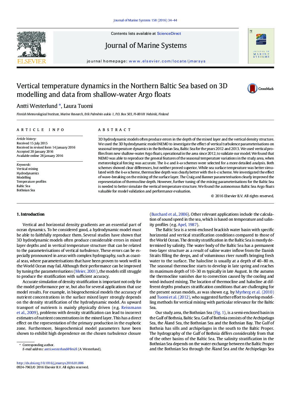 Vertical temperature dynamics in the Northern Baltic Sea based on 3D modelling and data from shallow-water Argo floats